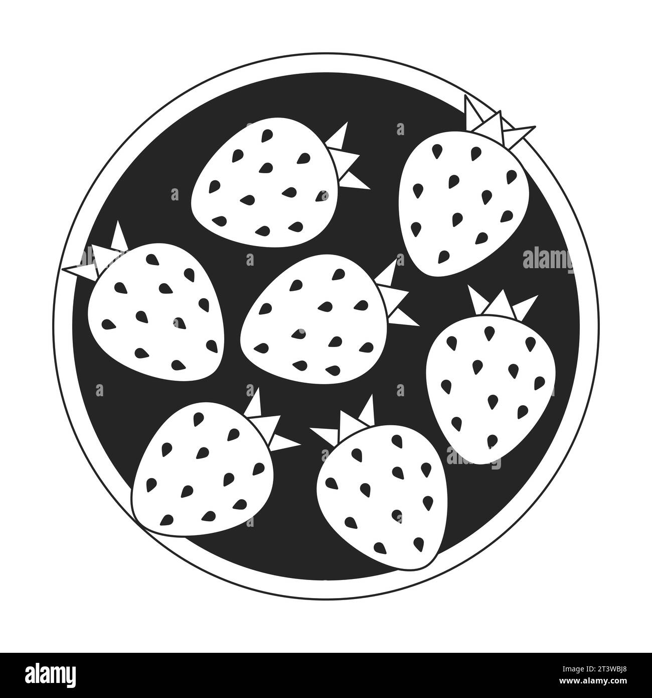Strawberry Plate Black And White 2D Line Cartoon Object Stock Vector strawberry-plate-black-and-white-2d-line-cartoon-object-stock-vector