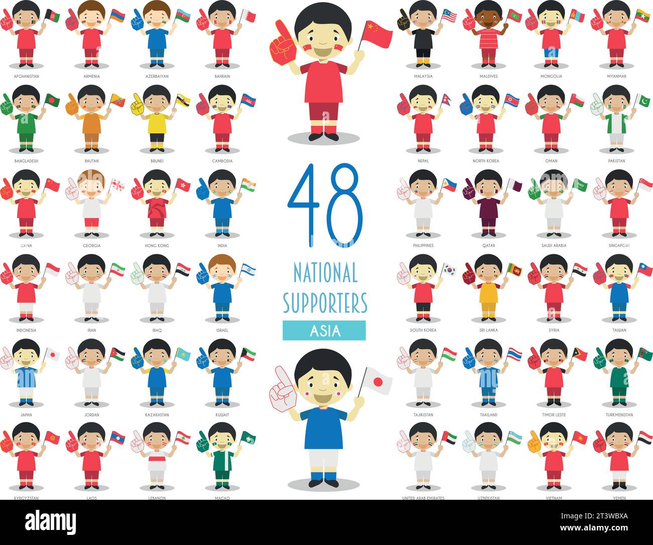 Set of 48 national sport team fans from Asian countries Vector Illustration Stock Vector