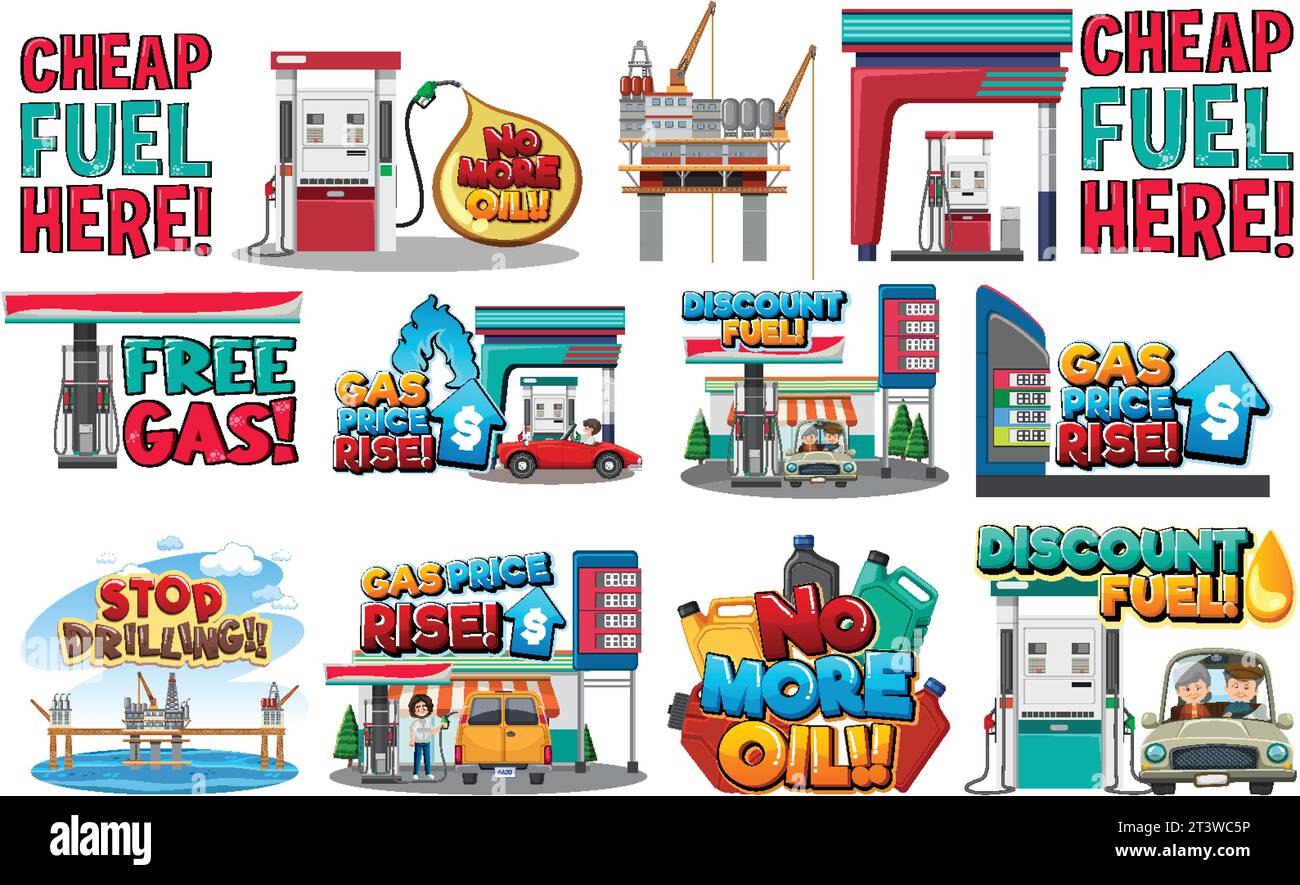 Vector cartoon illustrations depicting oil price, fuel, gas stations, and petroleum oil cars