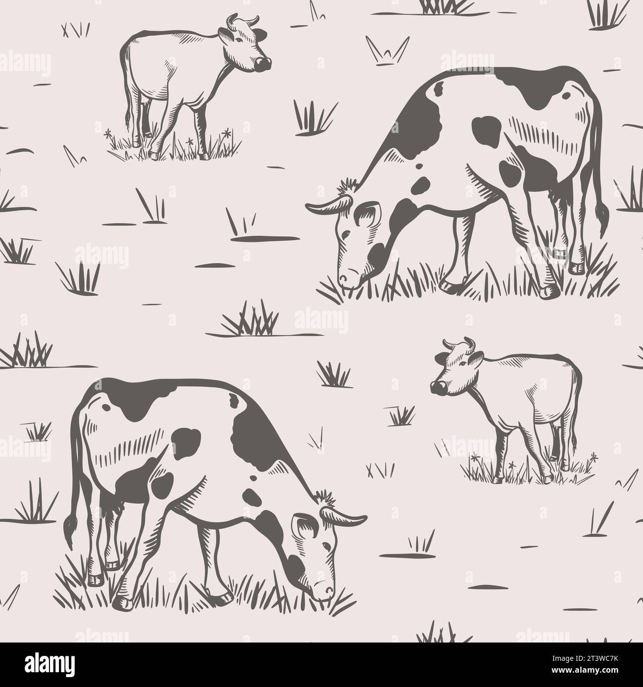 Cows grazing on meadow ink sketch seamless pattern Stock Vector