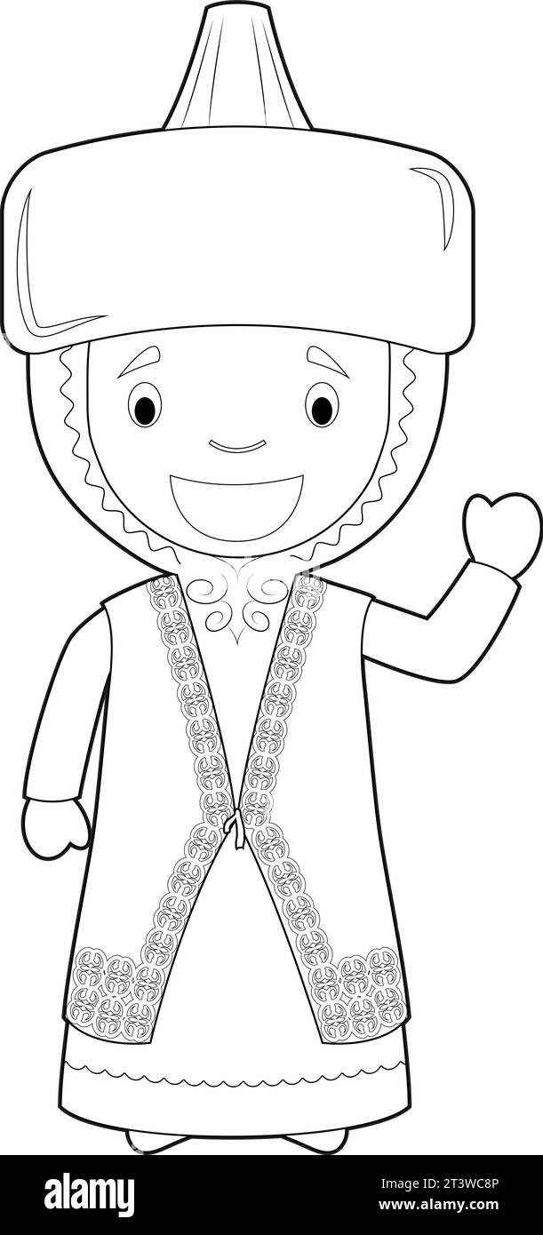 Easy coloring cartoon character from Kazakhstan dressed in the