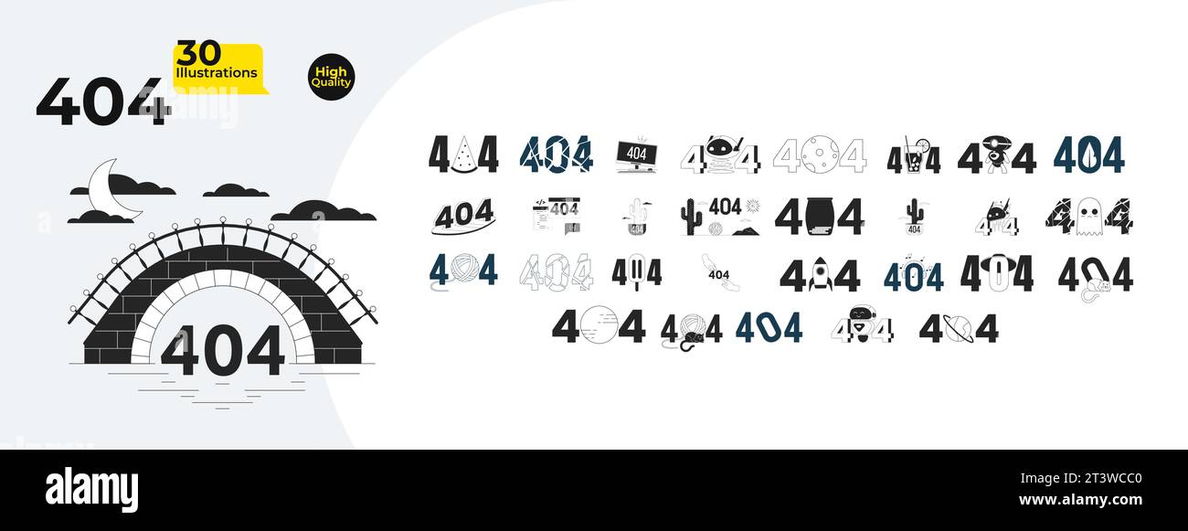 Unique creative black and white 404 errors isolated illustrations bundle Stock Vector