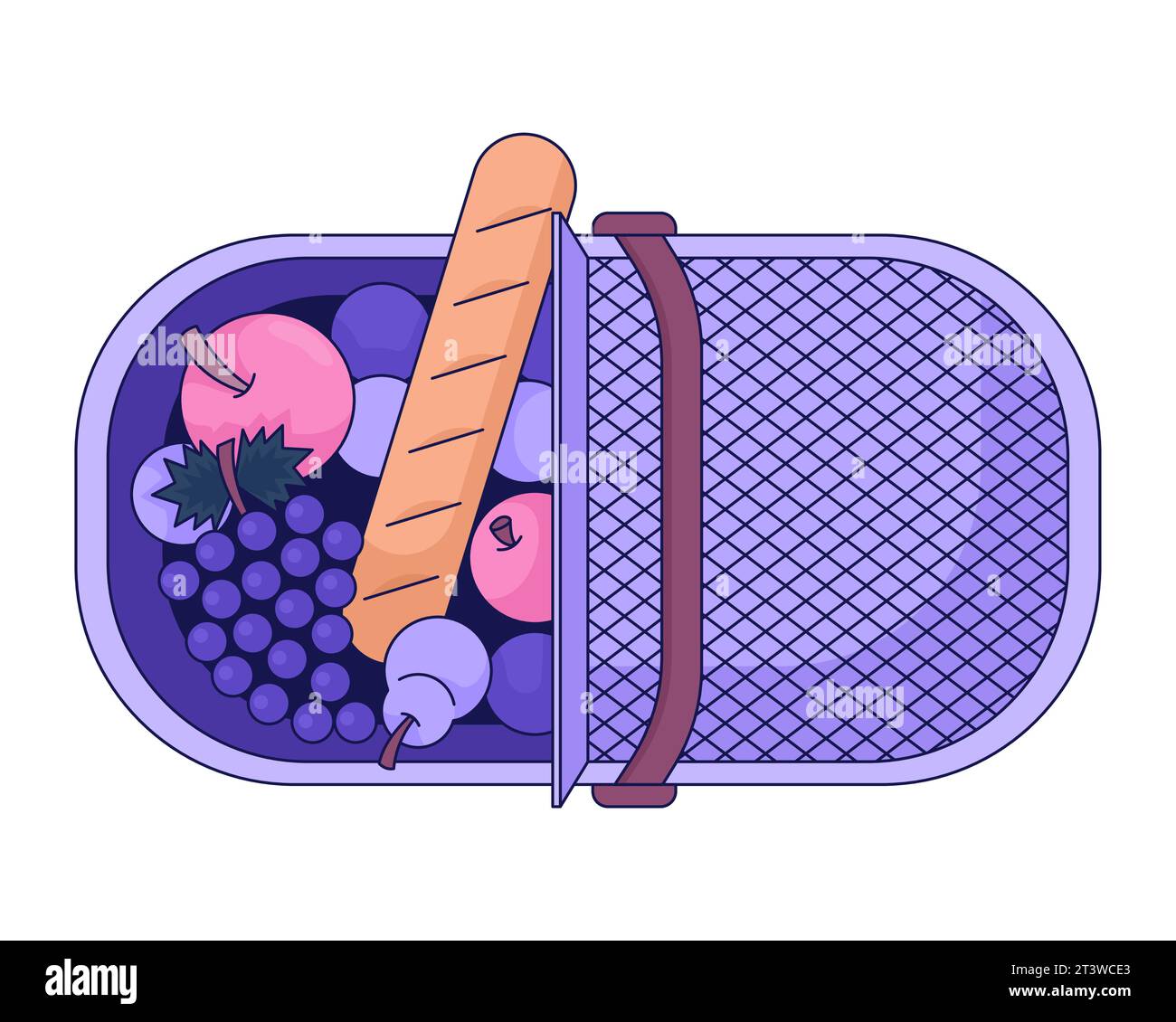 Top view picnic basket fruits baguette 2D linear cartoon object Stock ...