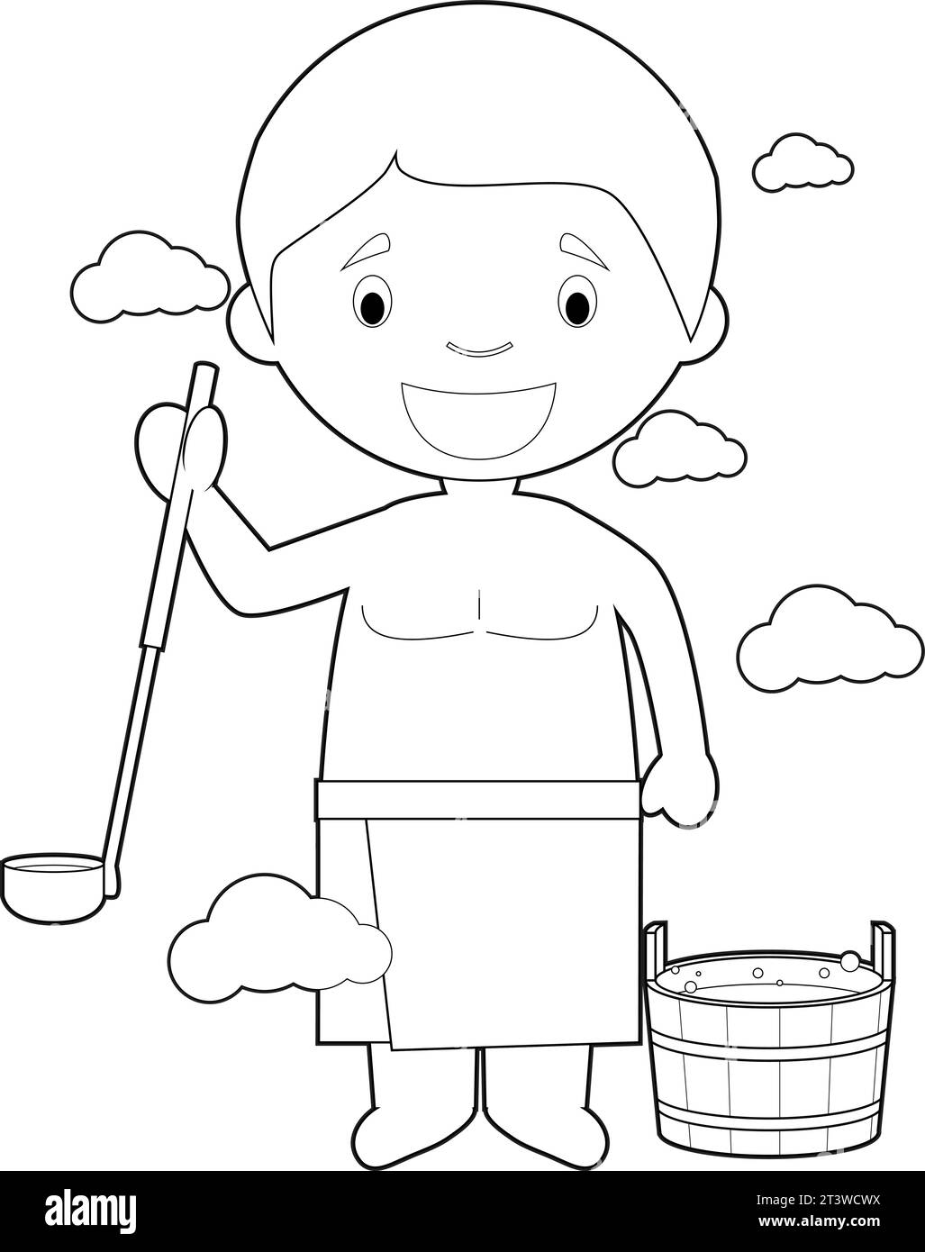 Easy coloring cartoon character from Finland in a traditional sauna. Vector Illustration. Stock Vector