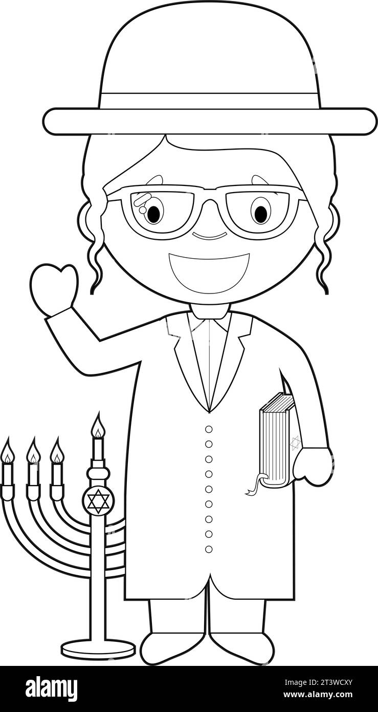 Easy coloring Jewish Rabi cartoon character from Israel dressed in the traditional way. Vector Illustration. Stock Vector