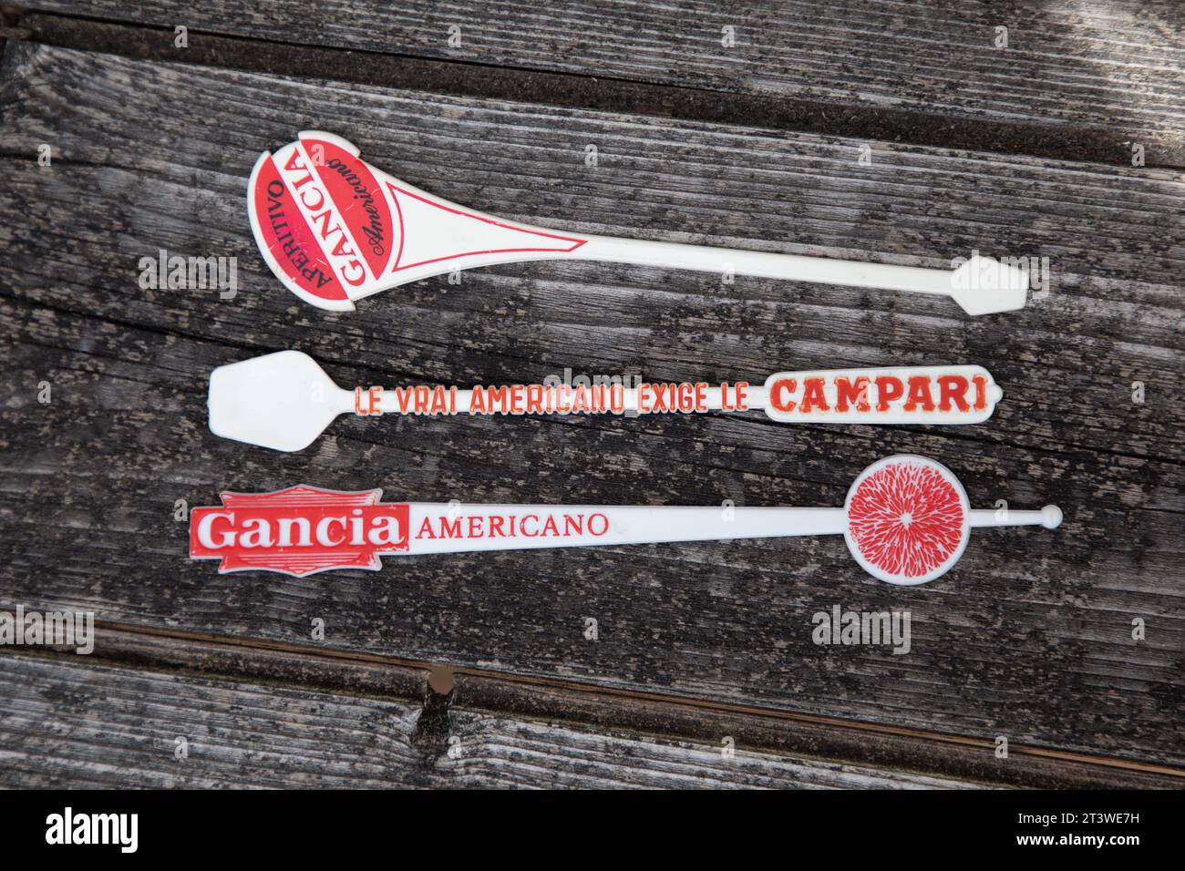 Bordeaux , France - 10 19 2023 : Gancia and campari vermouth logo brand and text sign on cocktail stirrer advertising alcohol stirrers Stock Photo