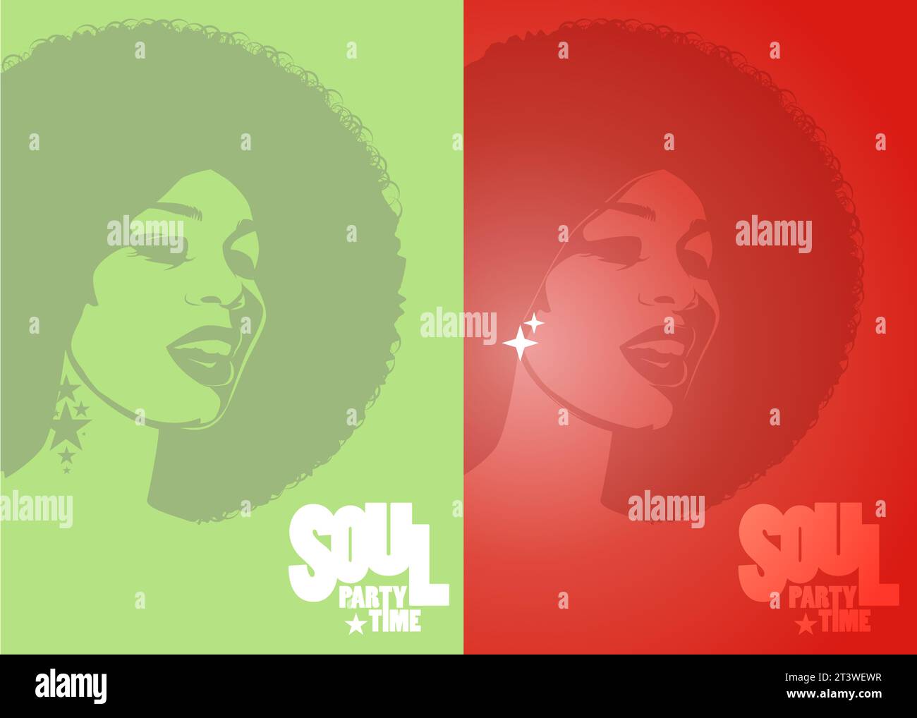 Beautiful woman with afro style curly hair, acid colors. Psychedelic makeup. Poster music soul, funk or disco style 60s or 70s Stock Vector