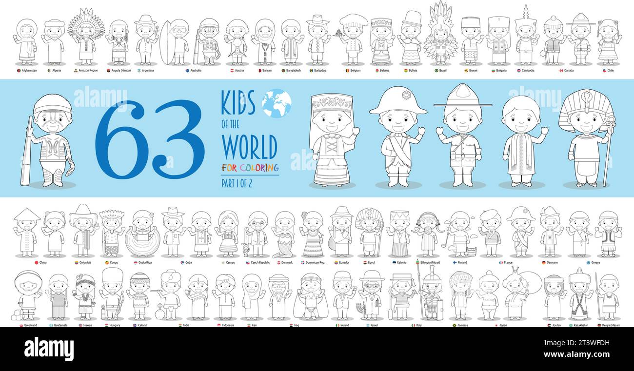 Kids of the World Vector Characters Collection Part 1: Set of 63 children of different nationalities for coloring in cartoon style. Stock Vector
