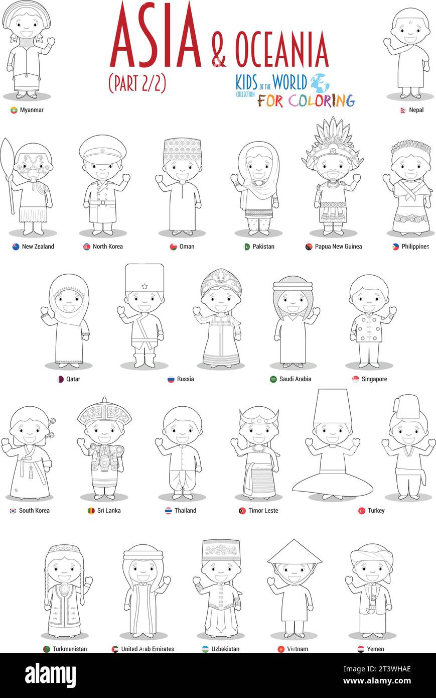 Kids and nationalities of the world vector: Asia and Oceania Set 2 of 2. Set of 24 characters for coloring dressed in different national costumes. Stock Vector