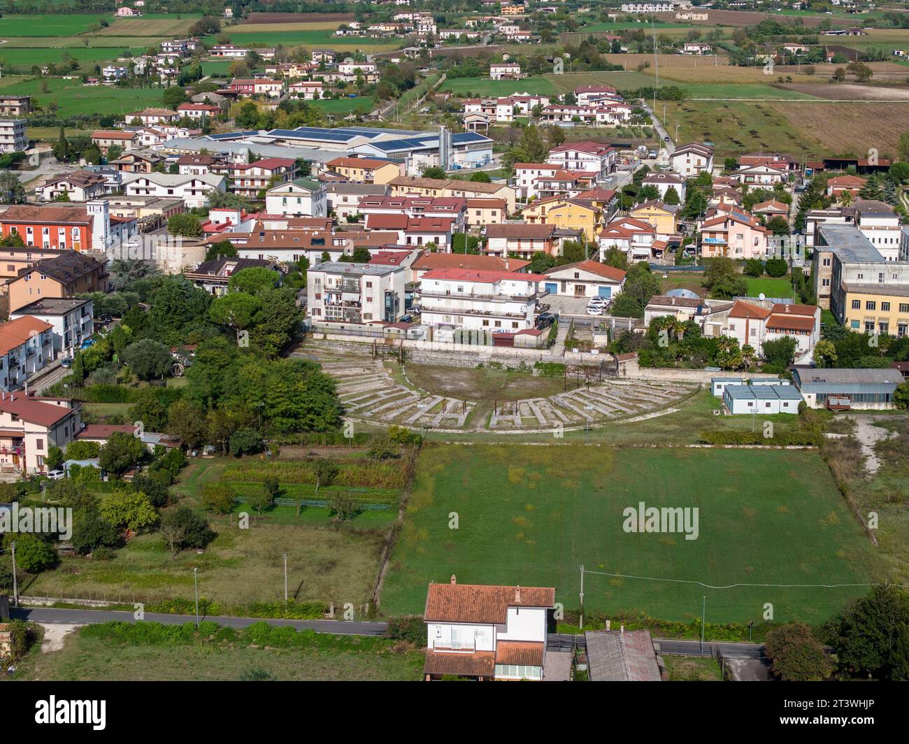 Roman amphitheatre, Alife region of Campania: it was the fourth largest in Italy after those of Rome, Pompeii and Capua..Aerial view Stock Photo