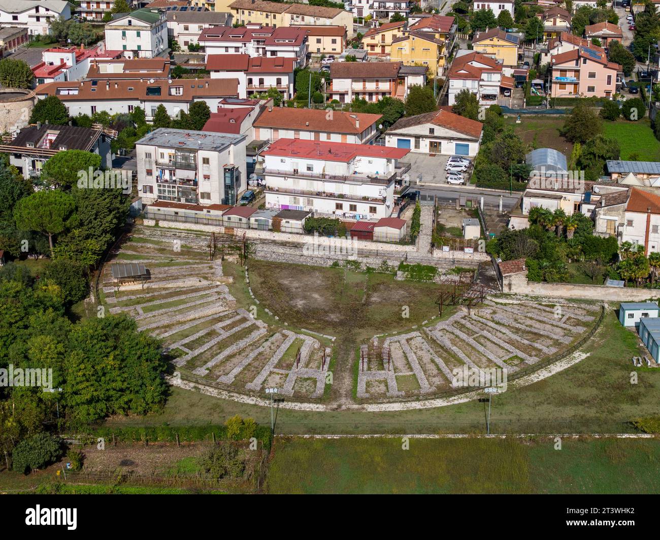 Roman amphitheatre, Alife region of Campania: it was the fourth largest in Italy after those of Rome, Pompeii and Capua..Aerial view Stock Photo