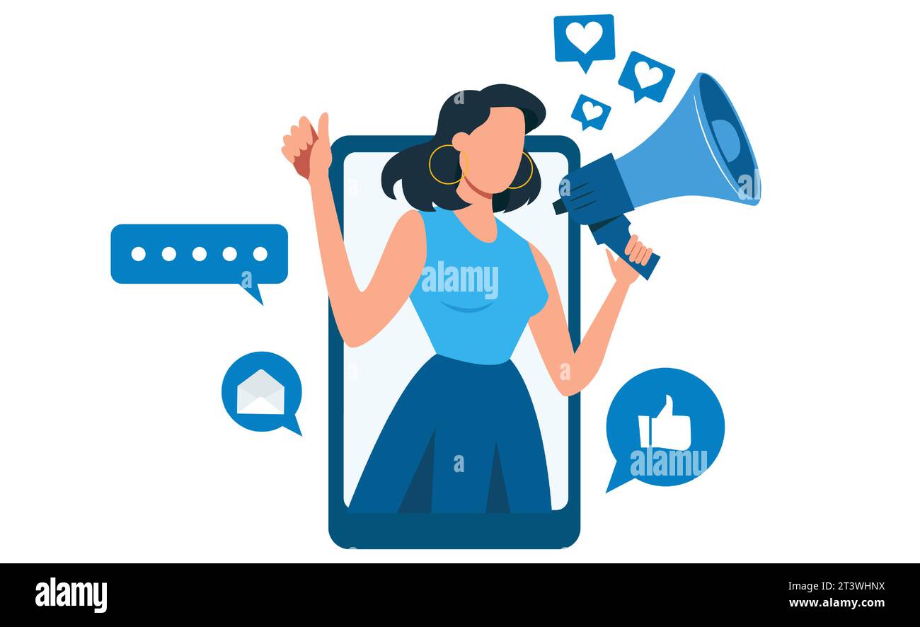 Vector of an influencer young woman shouting in loud speaker with social media icons. Stock Vector