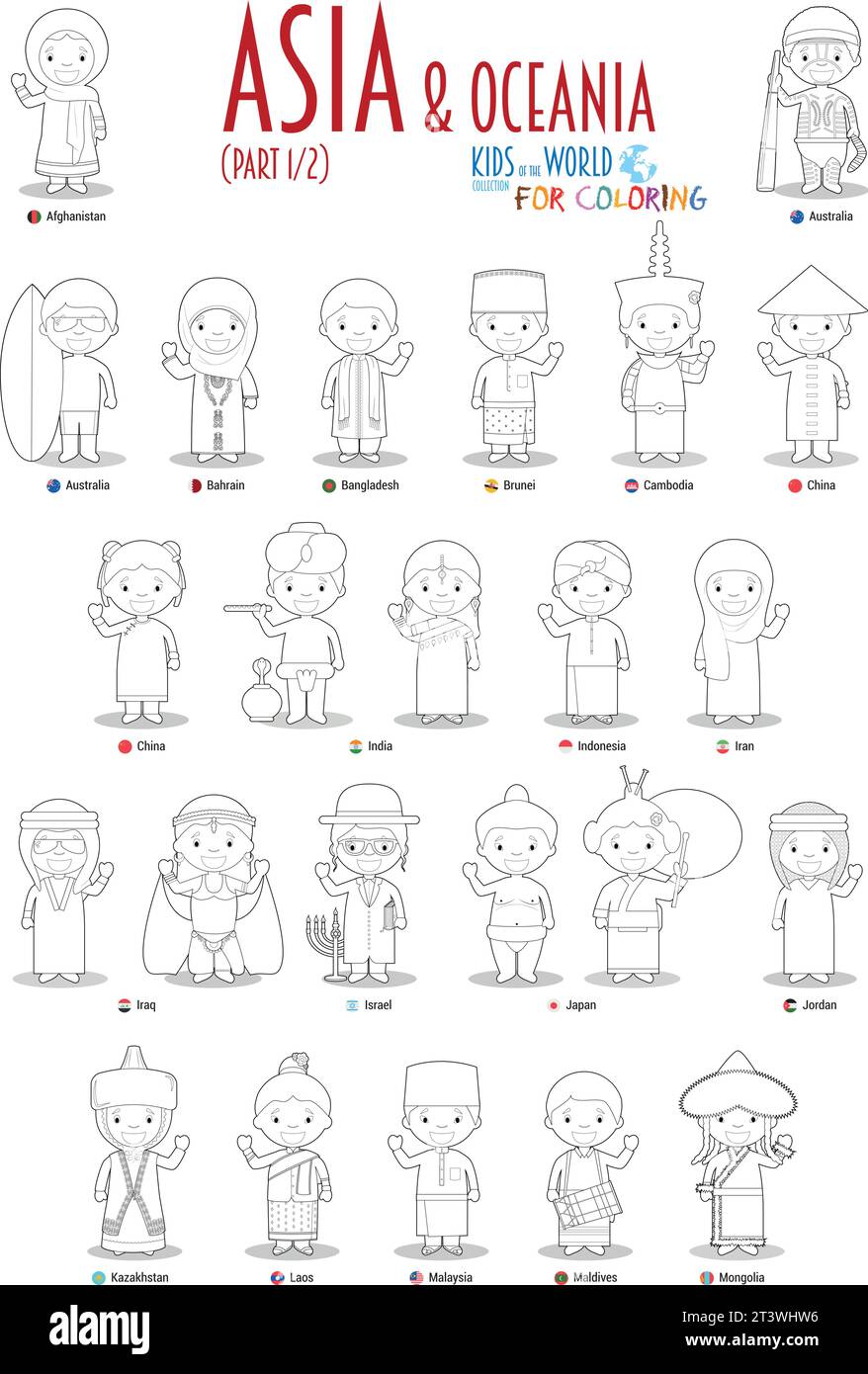 Kids and nationalities of the world vector: Asia and Oceania Set 1 of 2. Set of 24 characters for coloring dressed in different national costumes. Stock Vector