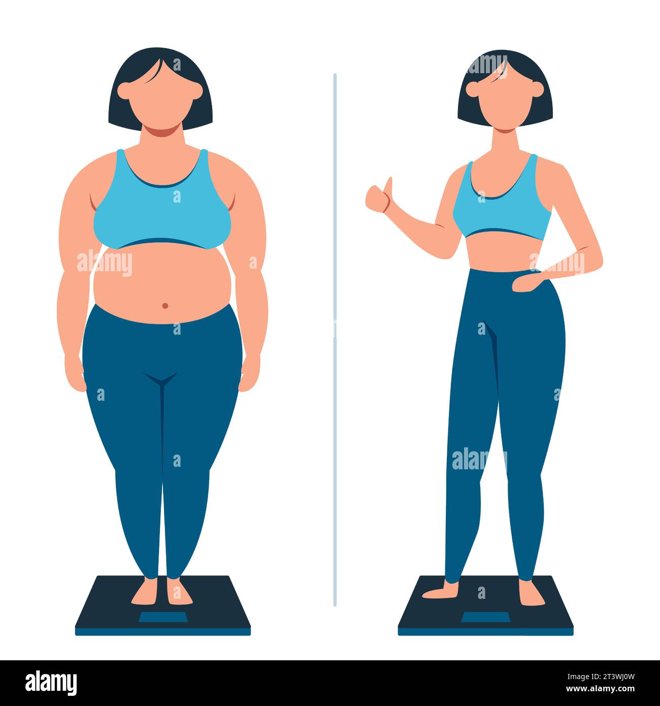 Weight loss and exercise concept. Vector of a young woman successfully loosing weight Stock Vector