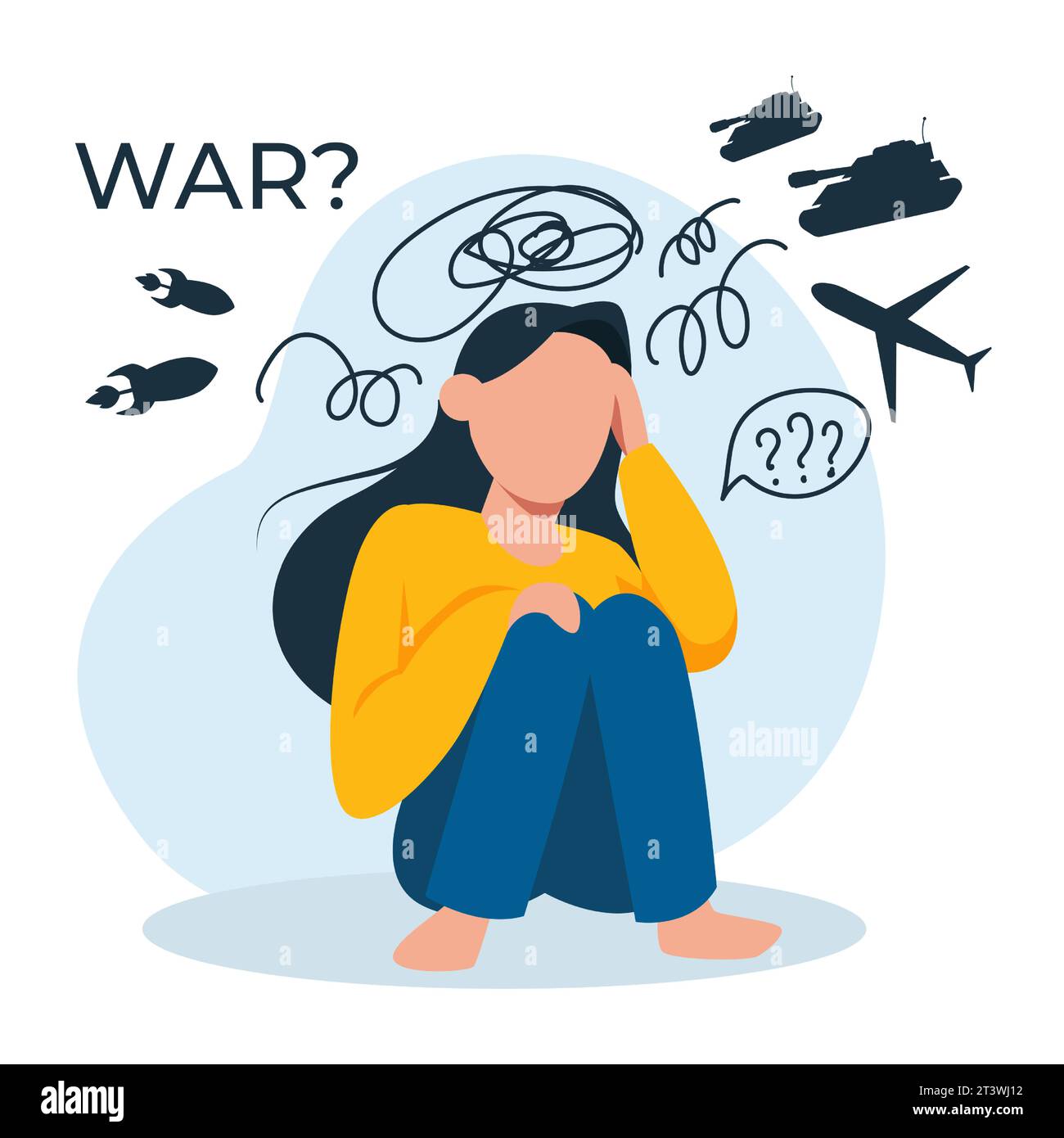 Vector of a stressed anxious young woman from a war zone Stock Vector