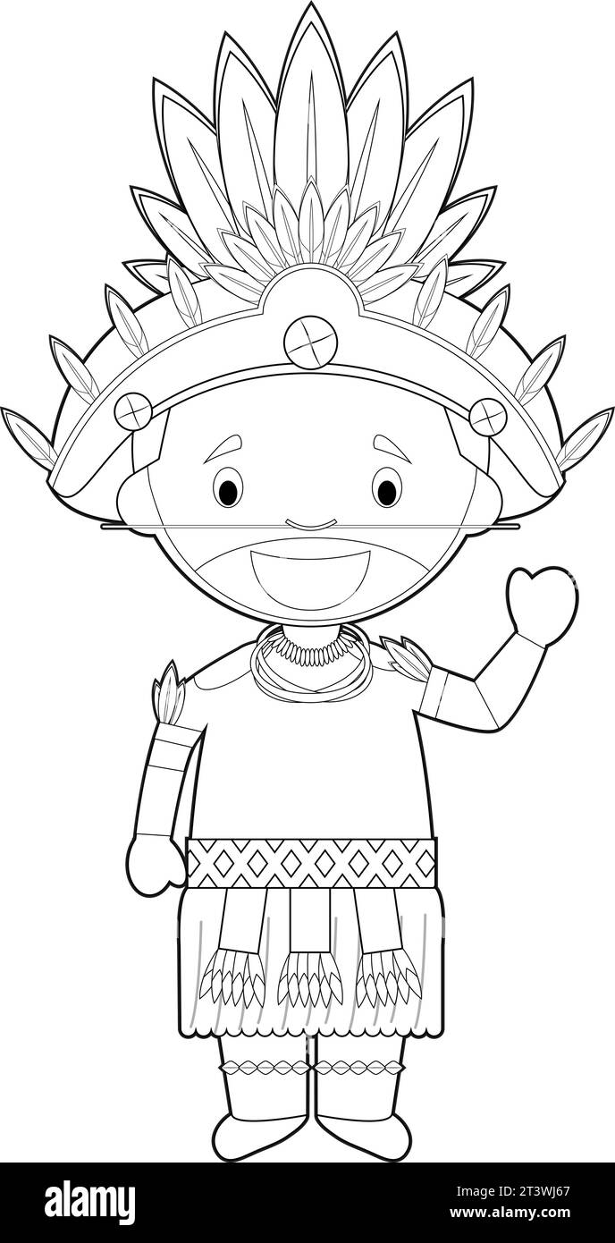 Easy coloring cartoon character from Papua New Guinea (Dani Tribe) dressed in the traditional way Vector Illustration. Stock Vector