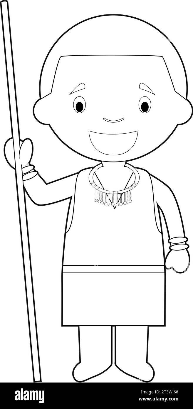 Easy coloring cartoon character from Kenya dressed in the traditional way of the Masai tribe. Vector Illustration. Stock Vector