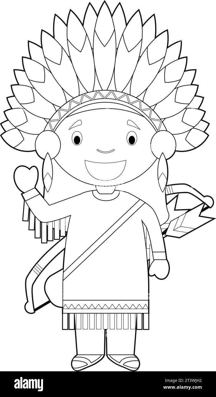 Easy coloring cartoon character from USA dressed in the traditional way of the American Red Indians. Vector Illustration. Stock Vector