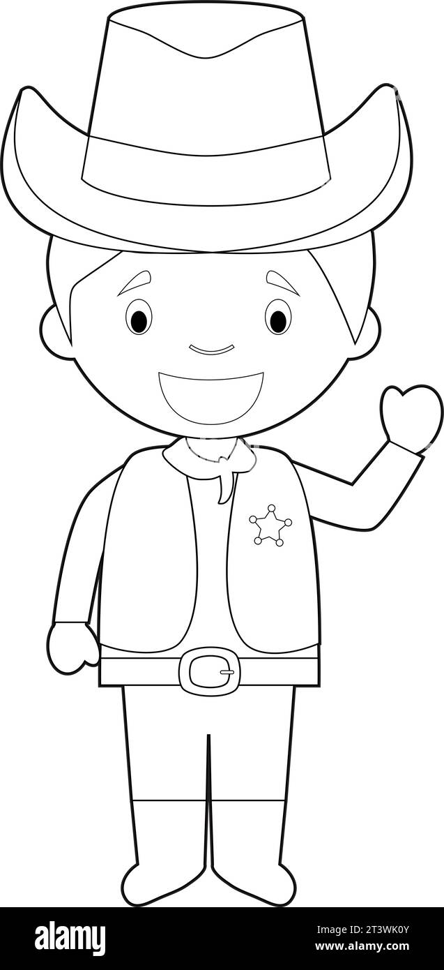 Easy coloring cowboy cartoon character from USA dressed in the traditional way. Vector Illustration. Stock Vector