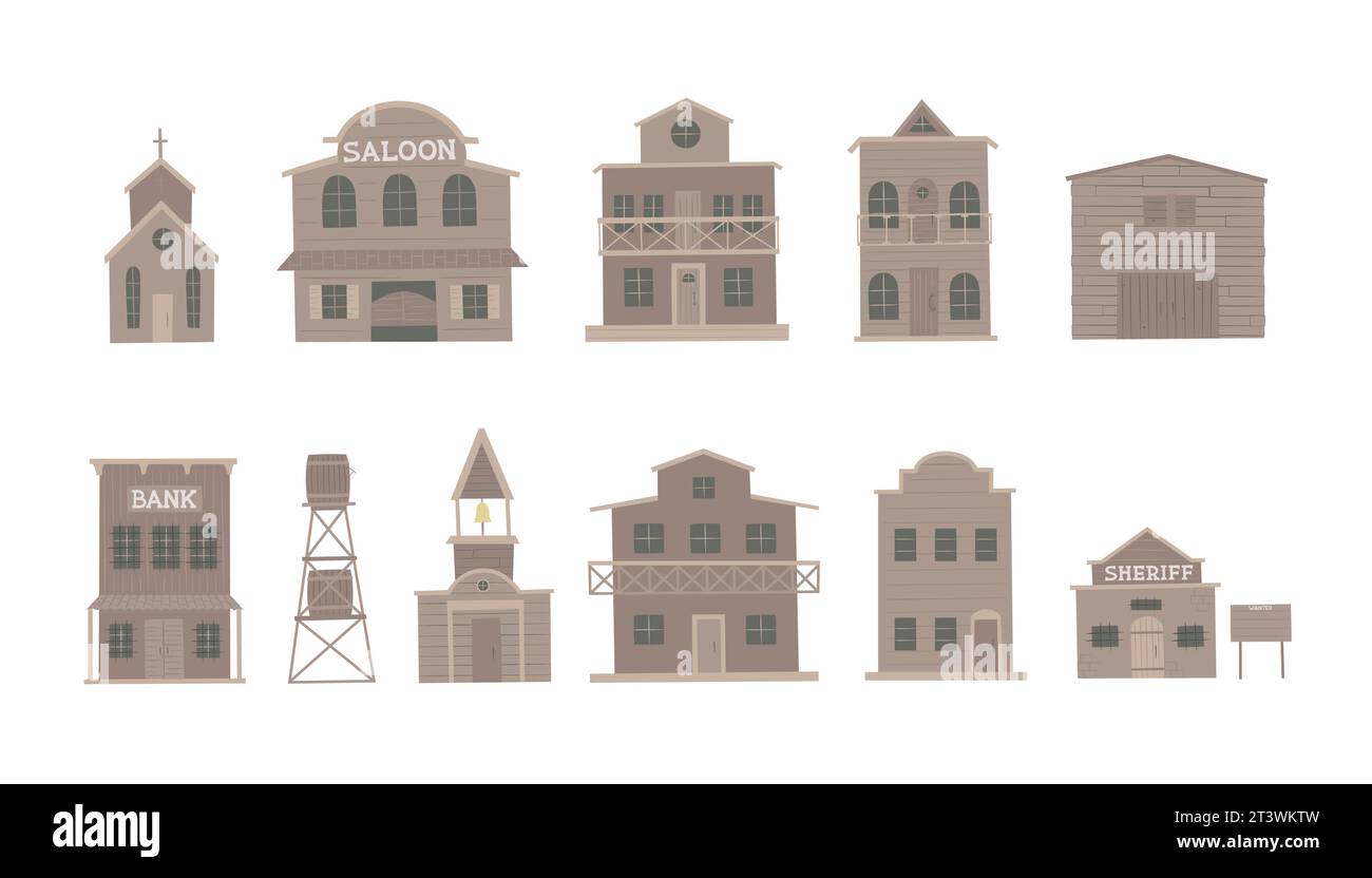 Wild west city. Western wood buildings saloon, bank, house, sheriff office vector illustration set. Stock Vector