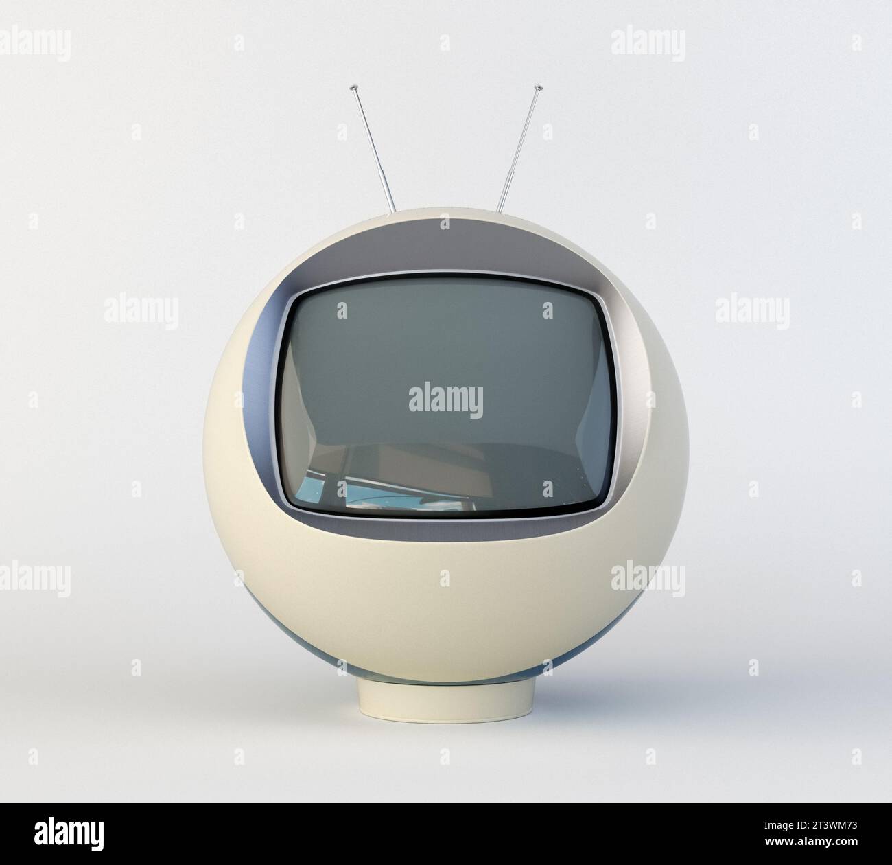 A sphere shaped vintage futurism retro television from the seventies made of plastic on an isolated white studio background - 3D render Stock Photo
