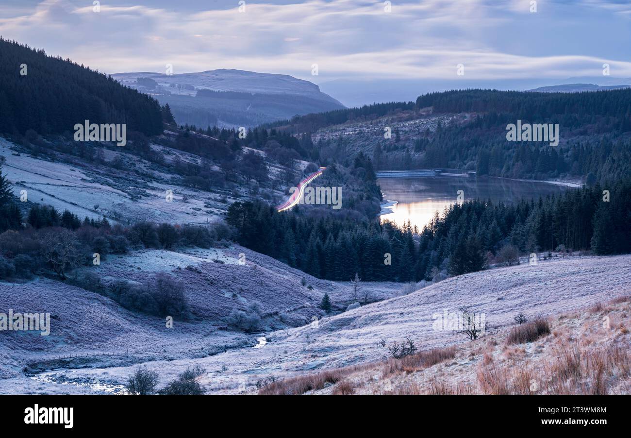 A view of the Cantref Reservoir, in the Brecon Beacons, on a frosty winters morning Stock Photo