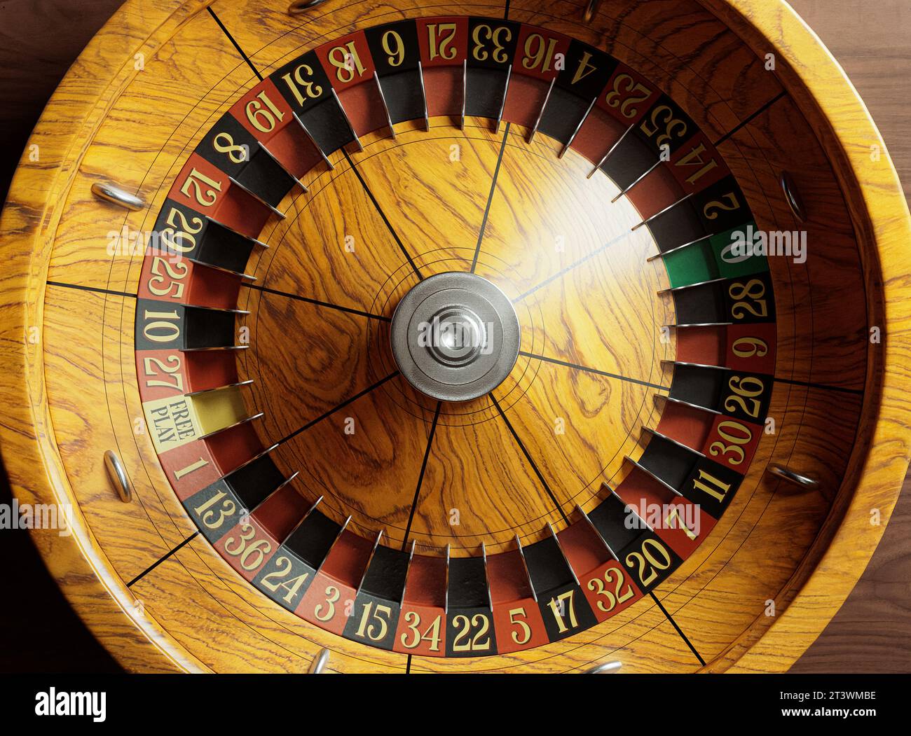 A closeup of a vintage antique roulette wheel with red and black markers with an ornate base on an isolated background - 3D render Stock Photo