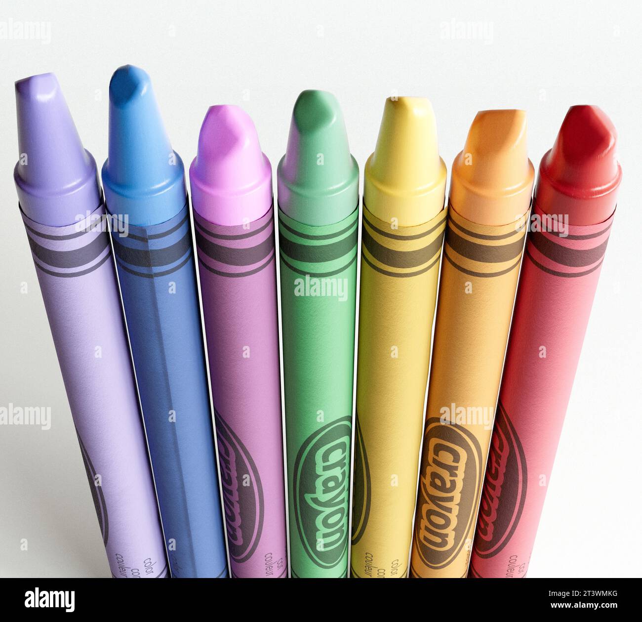 A concept showing a few colorful worn childrens wax crayons with labels on an isolated background  - 3D render Stock Photo
