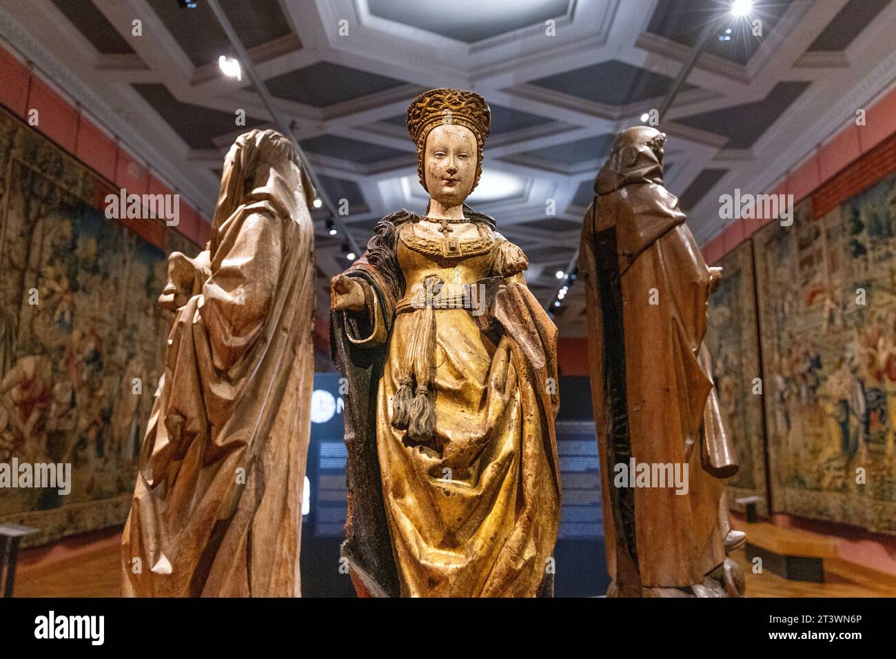 Wooden walnut 16th century statue of Saint Magdalene (Saint Odilia) by Jan van Steffenswert, Royal Museums of Art and History, Brussels, Belgium Stock Photo