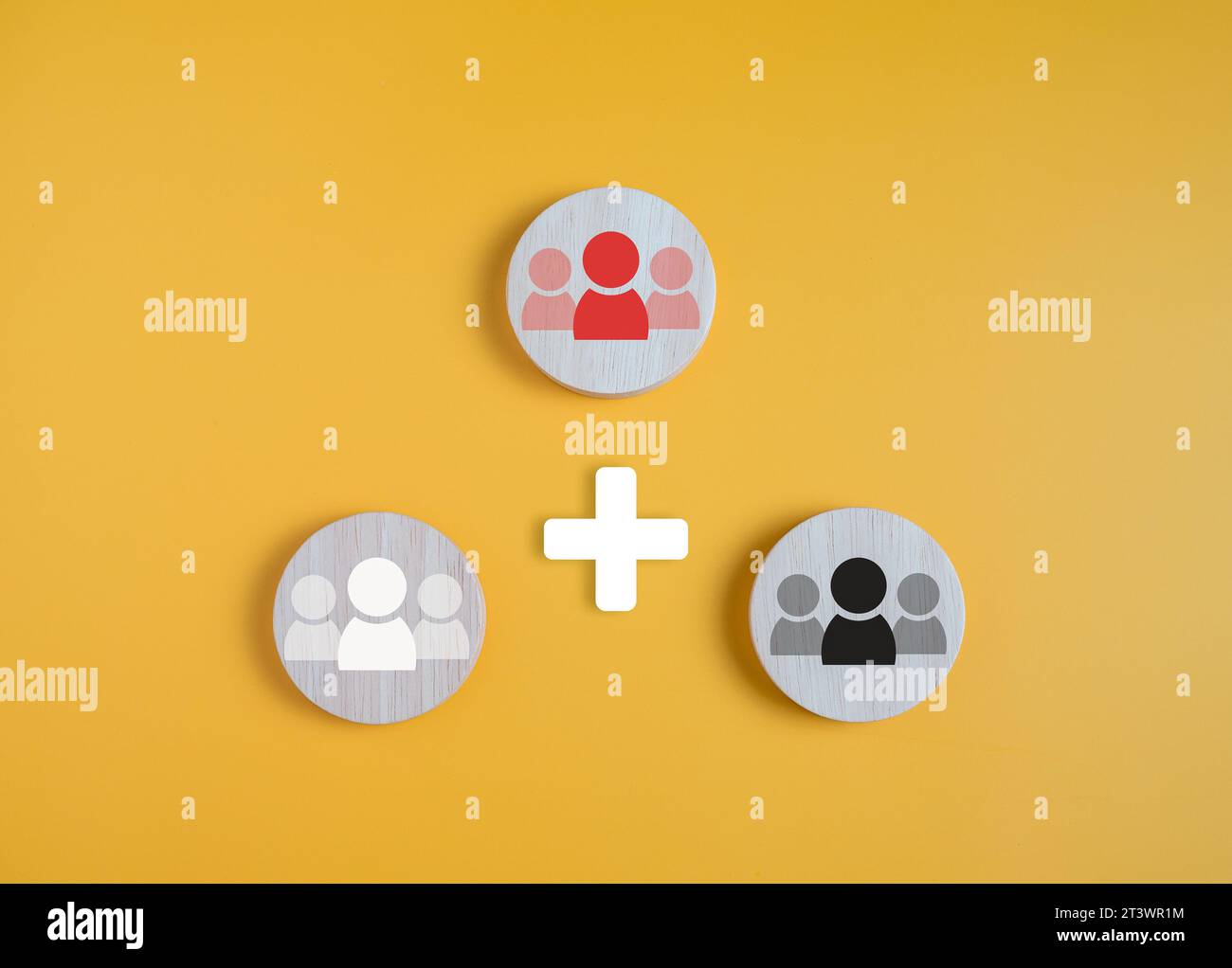 Circle board with employee icons on a yellow background shows the concept of human resource management and teamwork and coordination. Stock Photo