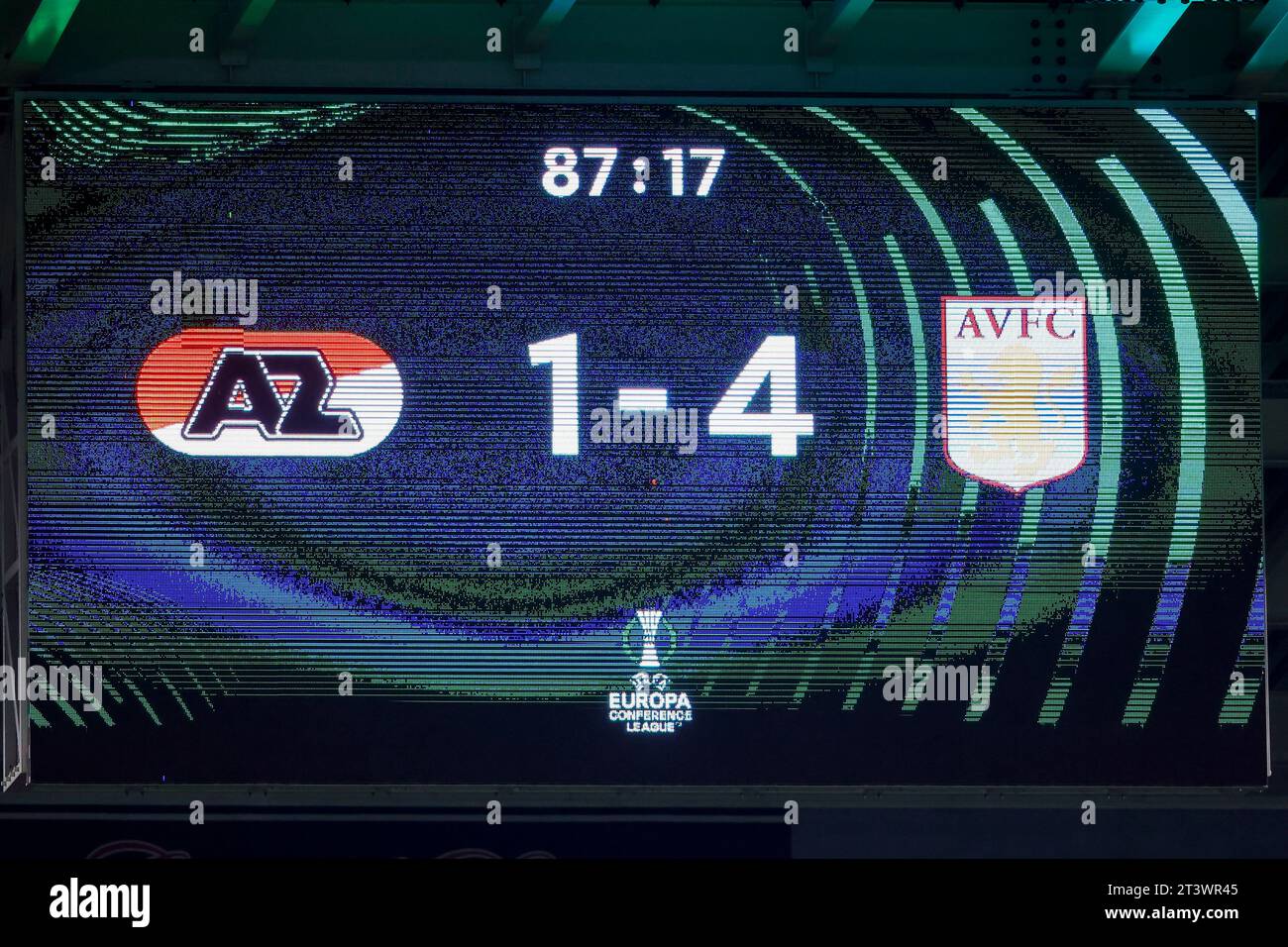 ALKMAAR, NETHERLANDS - OCTOBER 26: scoreboard  during the Group E - UEFA Europa Conference League 2023/24 match of AZ Alkmaar and Aston Villa at AFAS Stock Photo