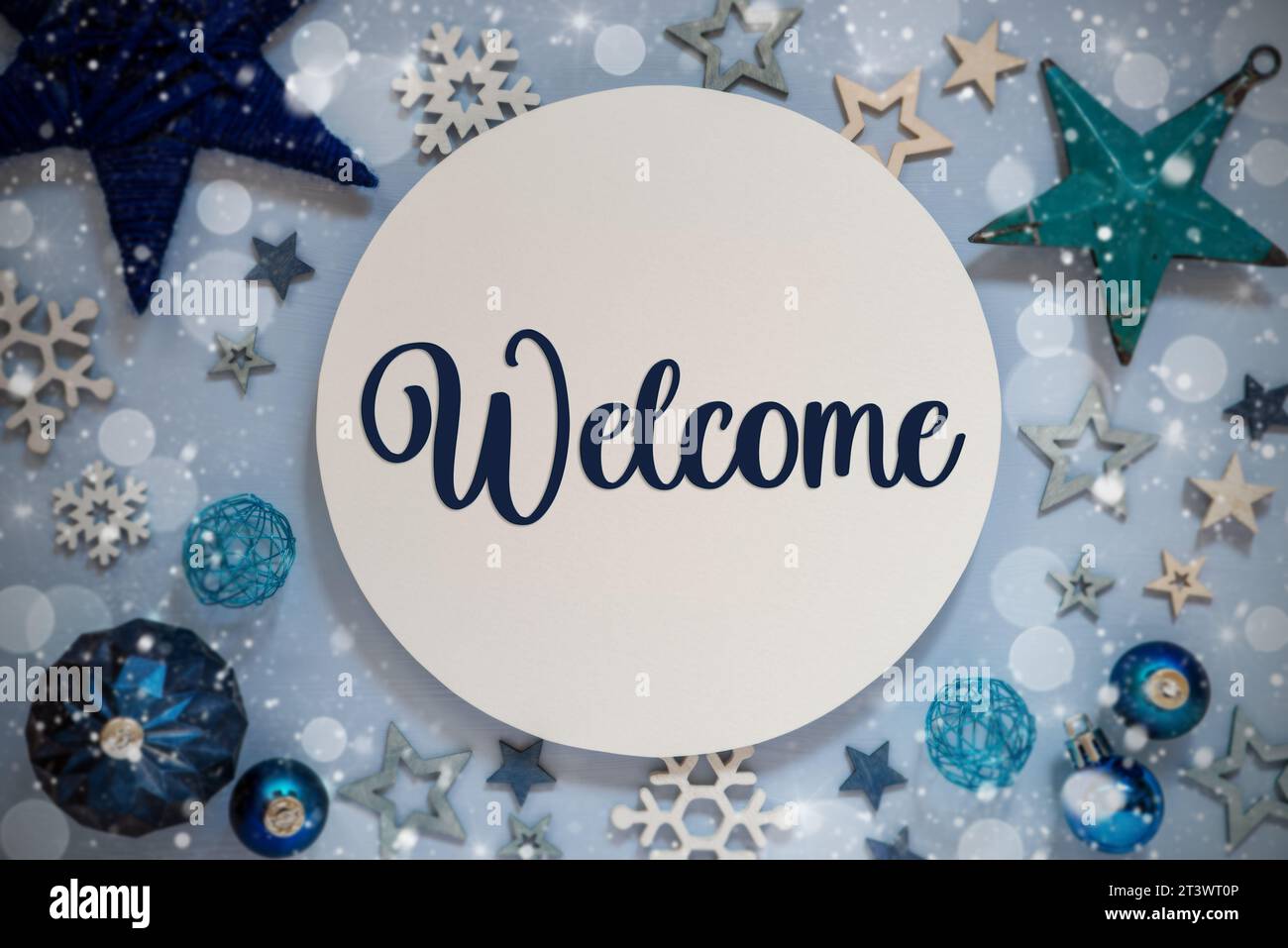 Christmas Decor With Snow And Text Welcome Stock Photo - Alamy
