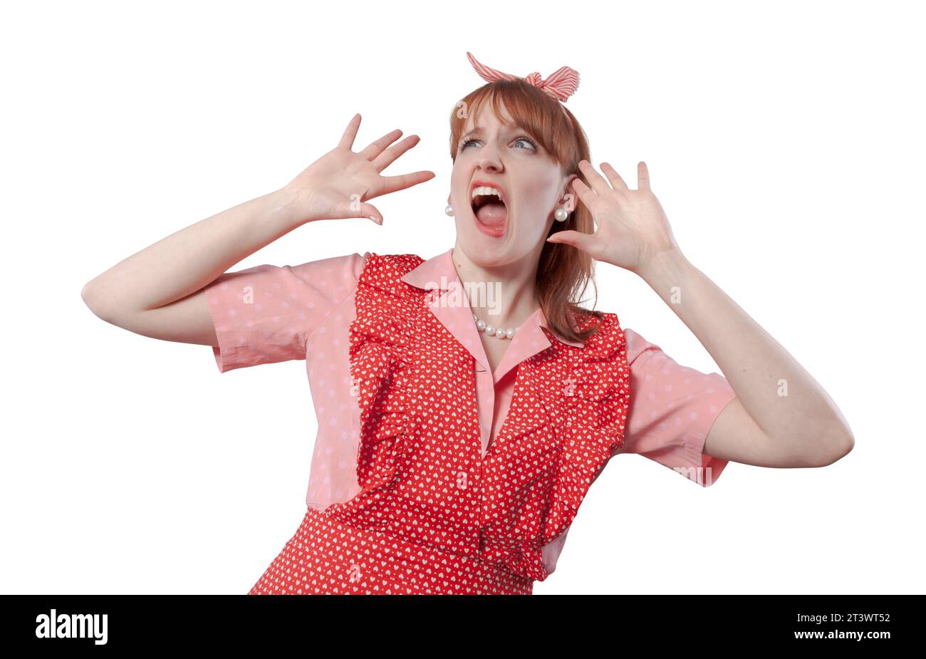 Funny old style housewife shouting out loud, she is stressed and angry Stock Photo