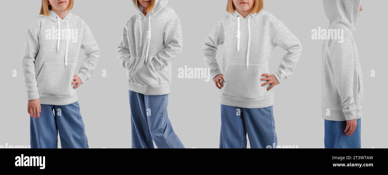 Mockup of heather kid's hoodie with pocket, longsleeve on blonde girl in jeans, clothes for design, front, side view. A set of clothes for advertising Stock Photo