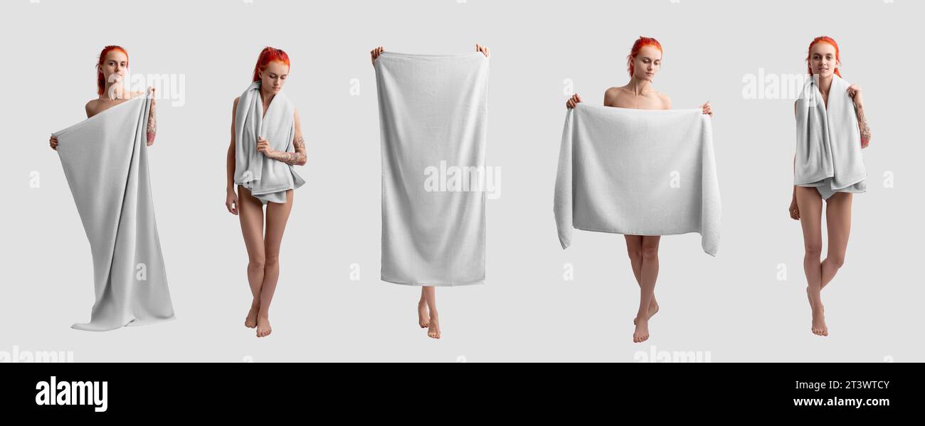 Mockup of a white bath towelette in a girl's hands in full length, soft cloth for wiping. A set of towelling in a woman's shoulders. Towel presentatio Stock Photo