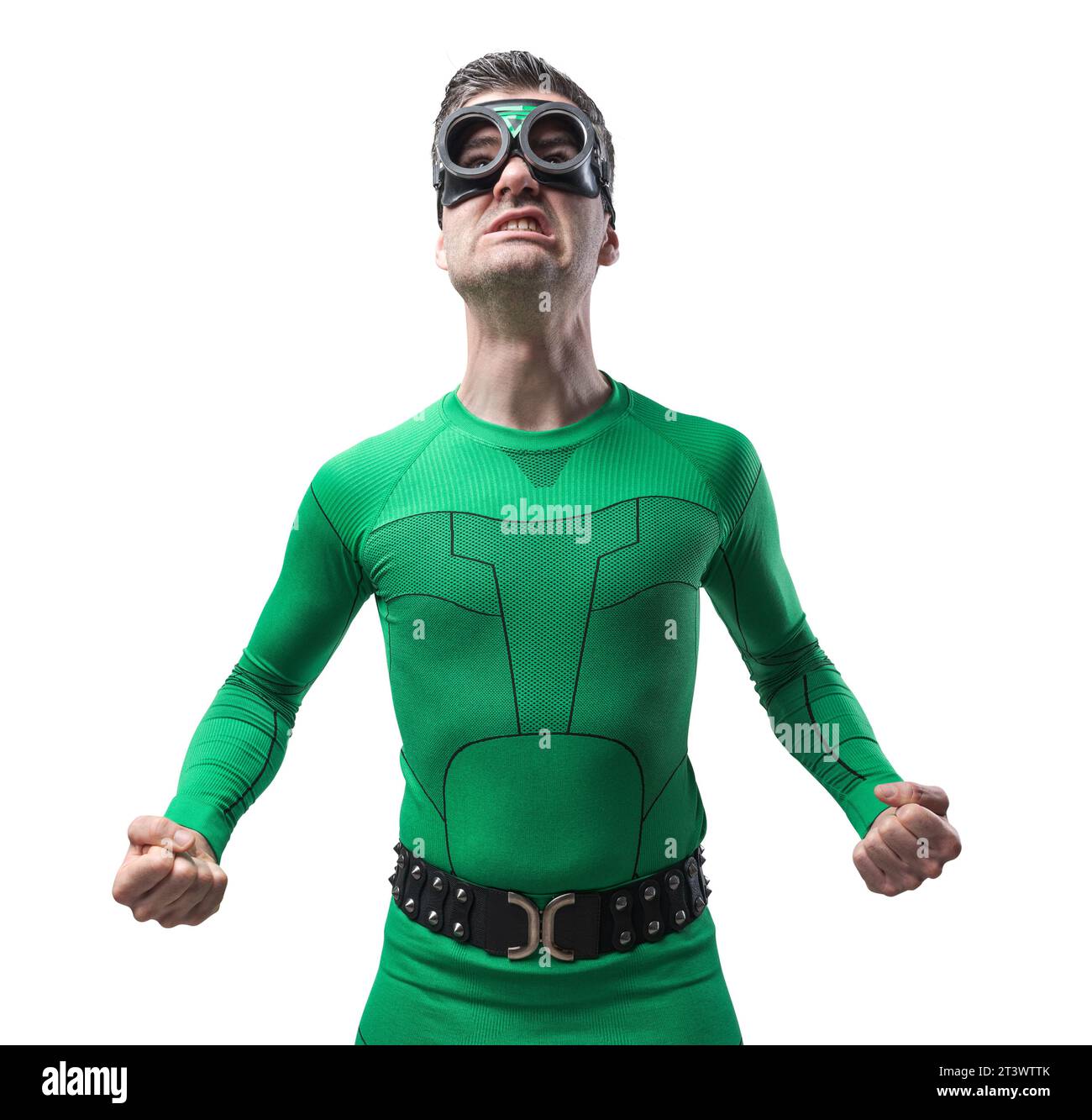Funny green superhero snarling and ready to punch. Stock Photo