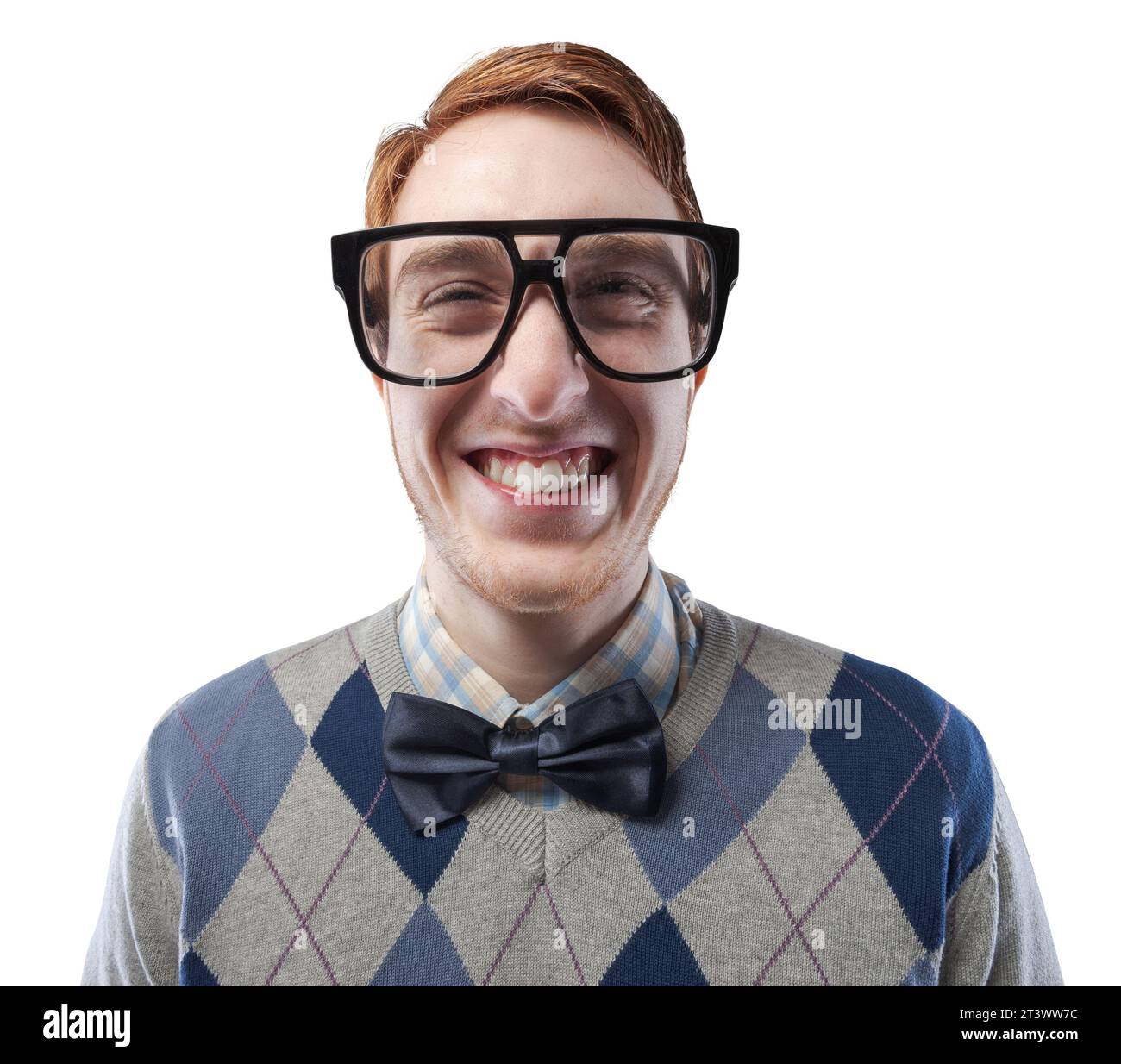 Portrait of a funny nerd guy with big glasses, he is smiling and