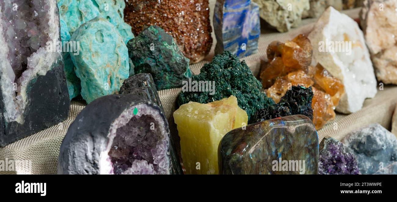 Minerals and gemstones for sale at a market Stock Photo