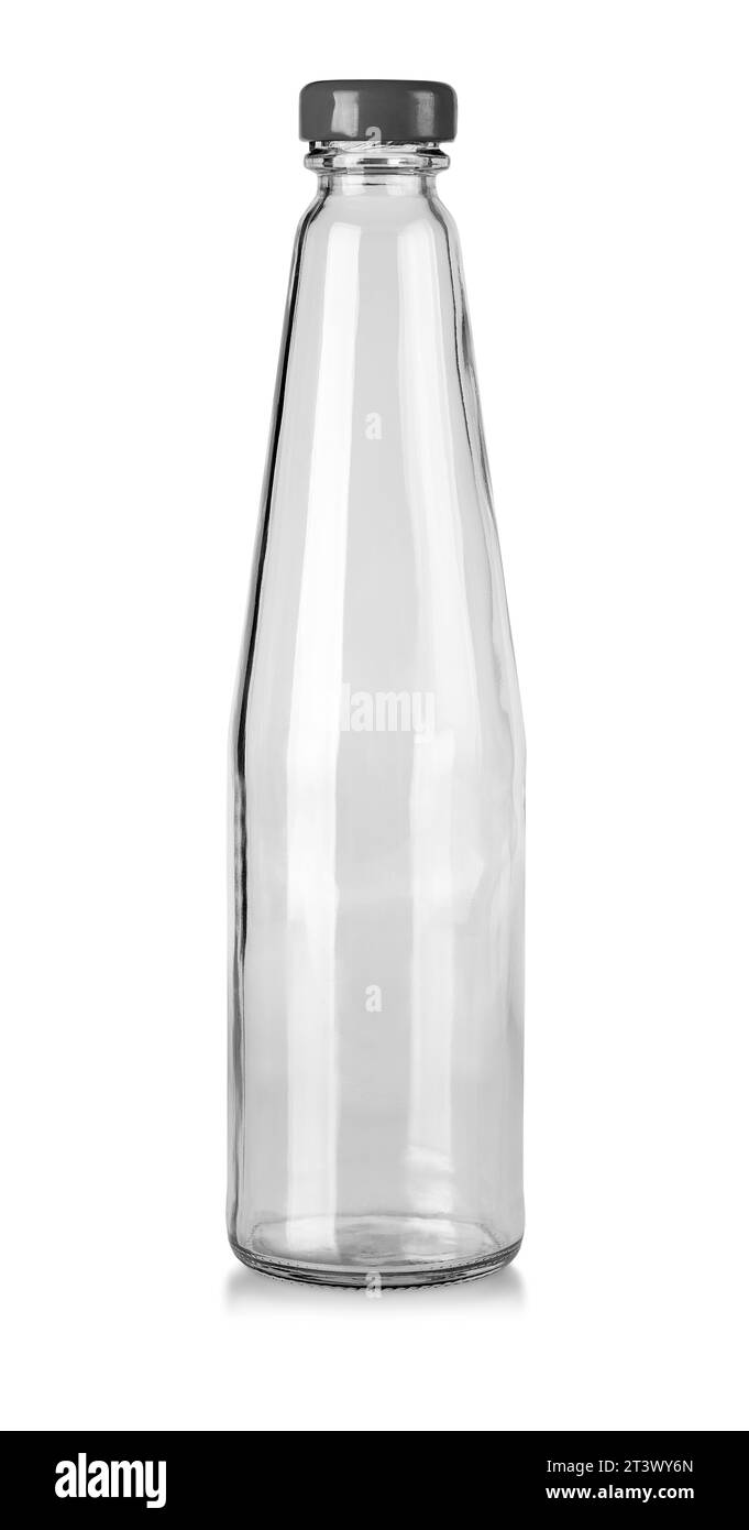 The empty glass bottle with red lid isolated on white background Stock
