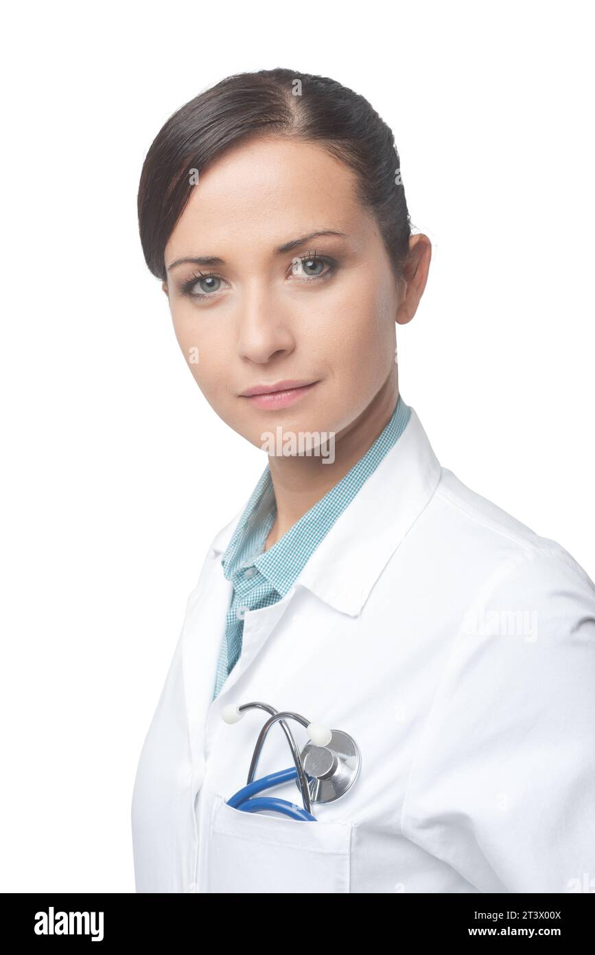 Smiling confident female doctor portrait with lab coat and stethoscope ...