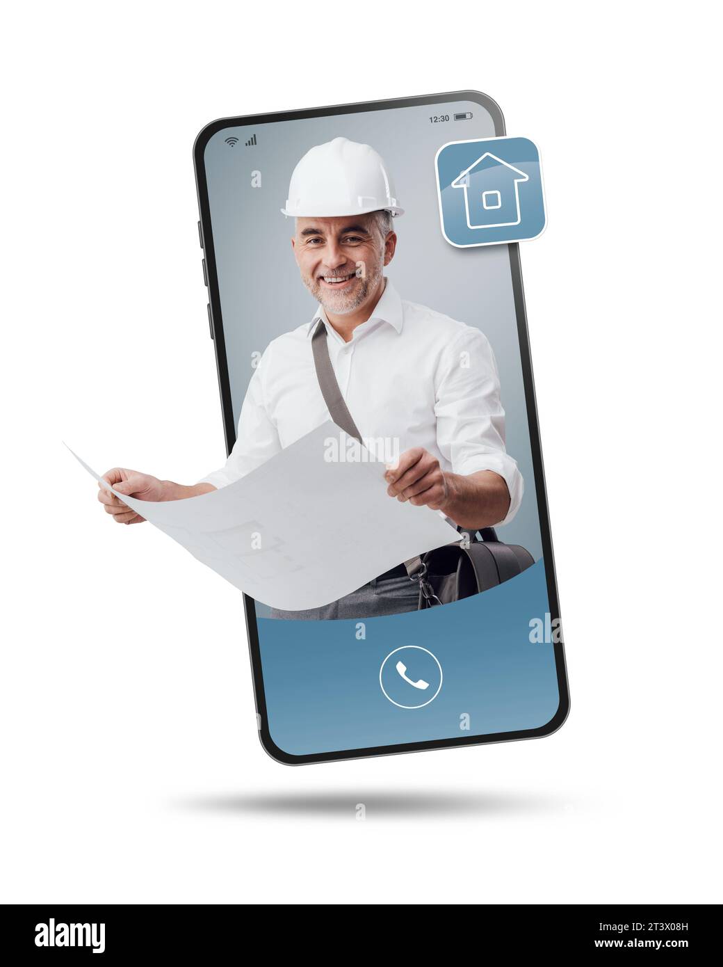 Architect with safety helmet and project videocalling on smartphone