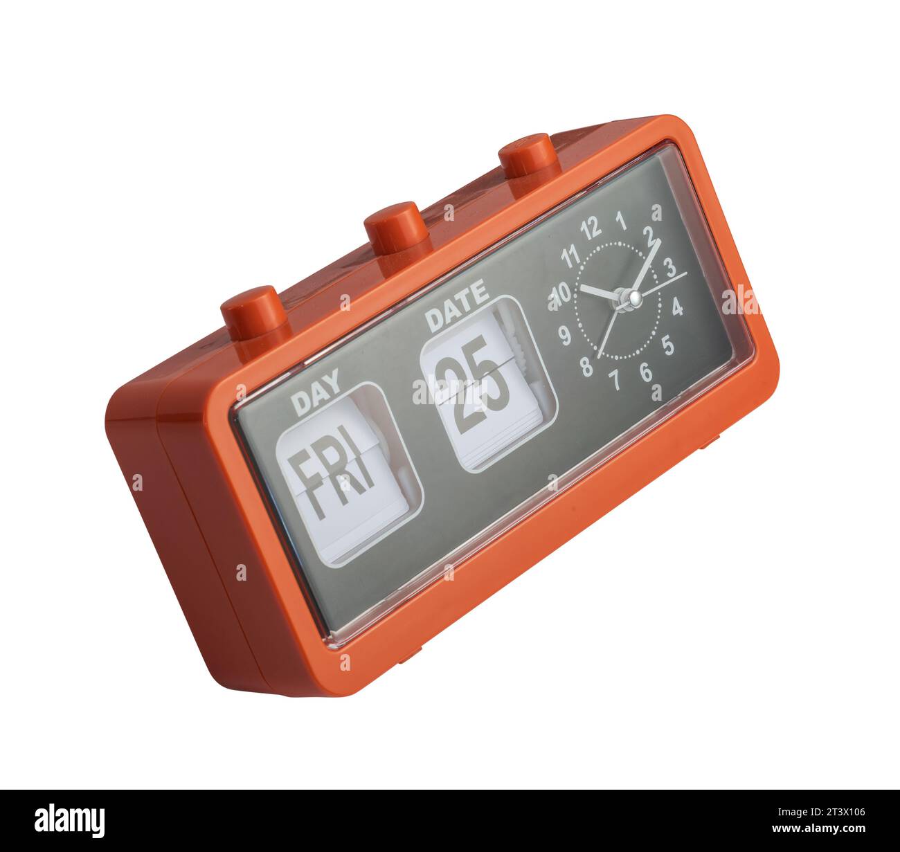 Retro electronic alarm clock and analog flip calendar. Retro design from 60s 70s on white