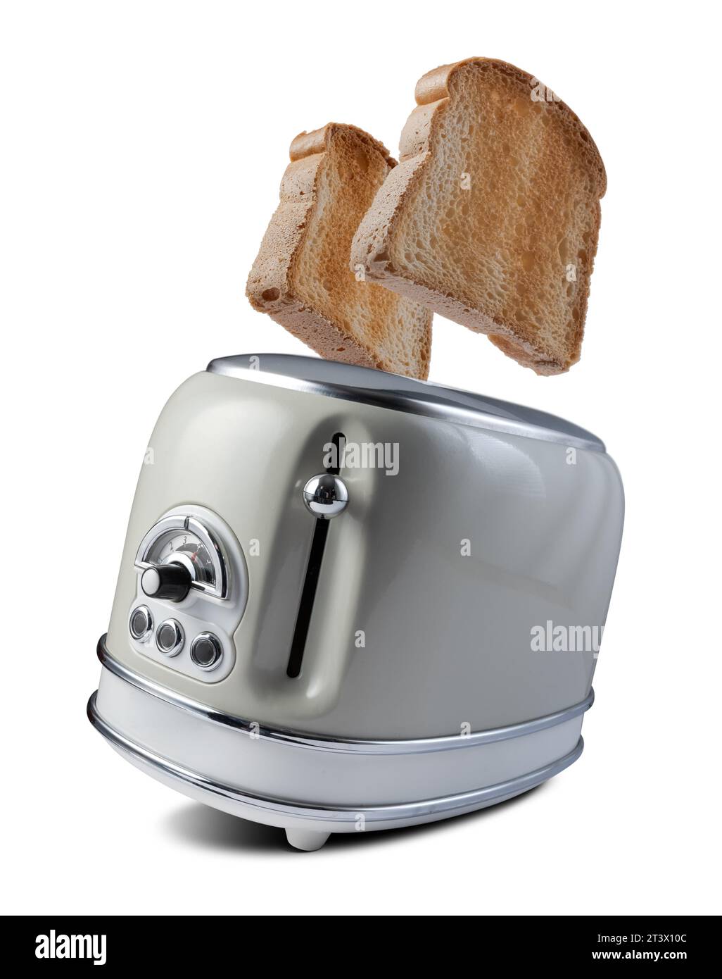 Roasted toast bread popping up of vintage toaster on a white backgroun