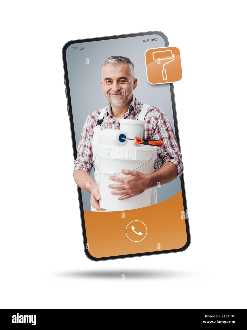 Professional painter videocalling on smartphone screen, hire a contactor online Stock Photo