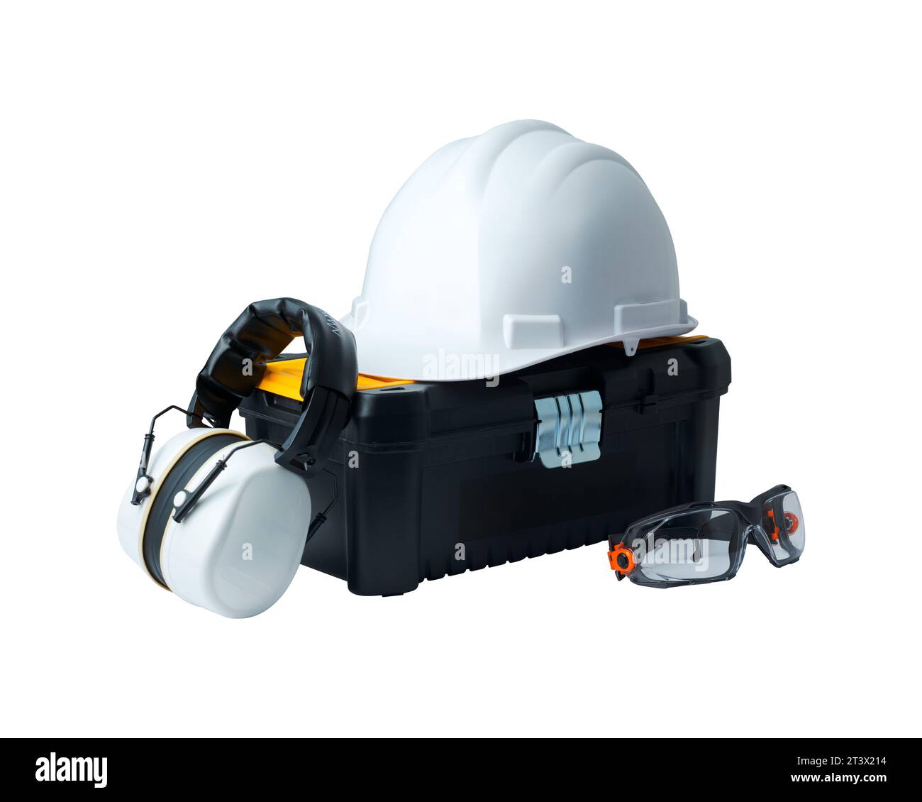 Construction worker tools and safety equipment toolbox, hard hat, ear muffs and goggles Stock