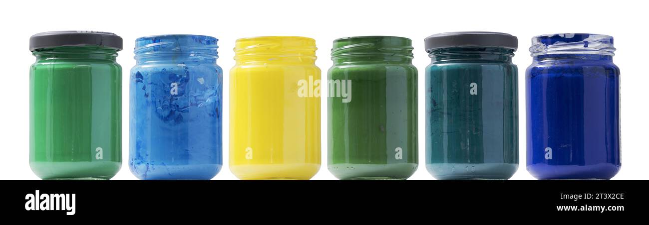 Set of acrylic paint color jars, creativity and art concept Stock Photo