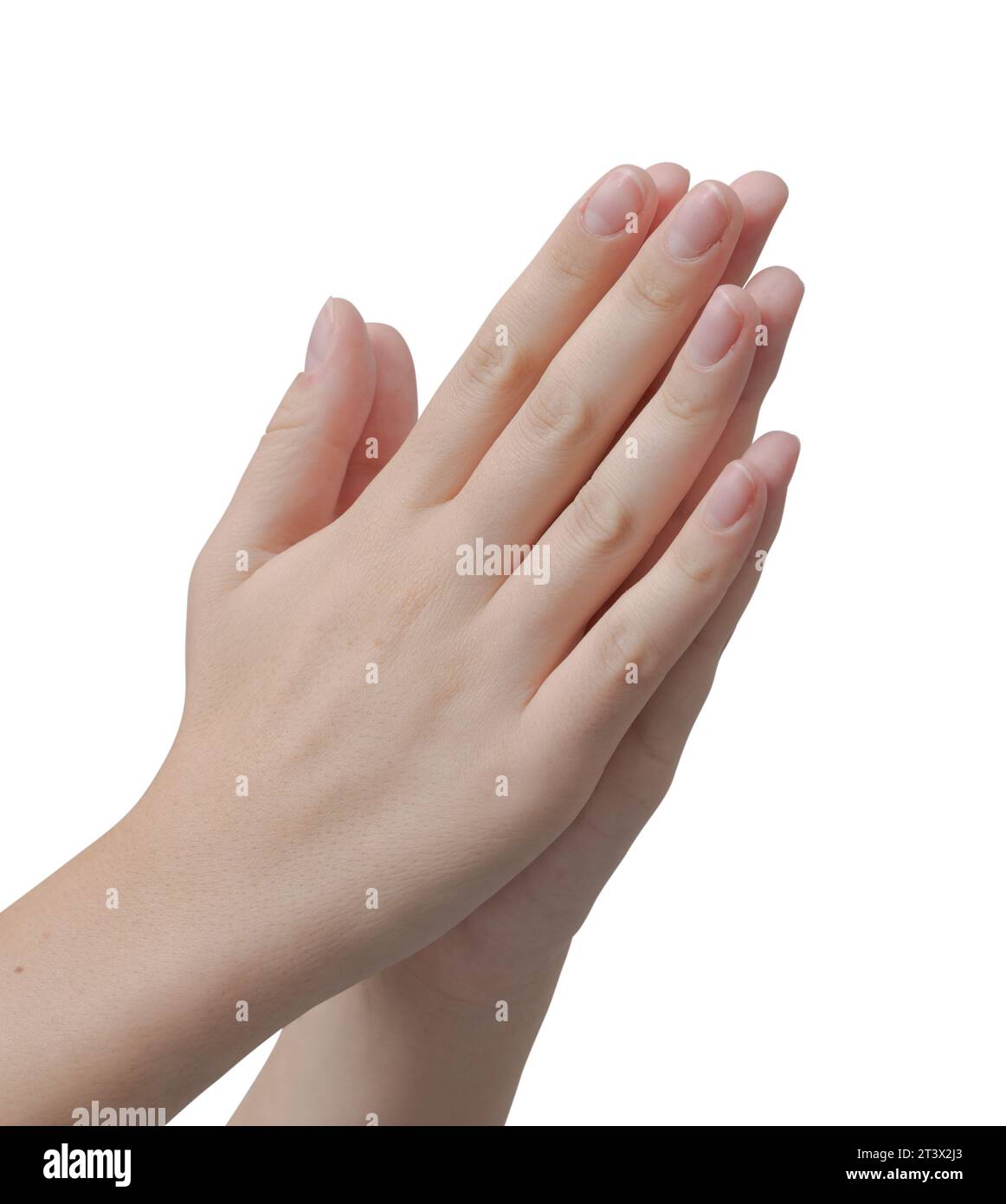 Young woman hands joined isolated, prayer and faith concept Stock Photo