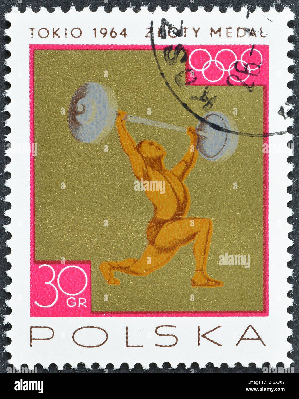 Cancelled postage stamp printed by Poalnd, that shows Weight lifting