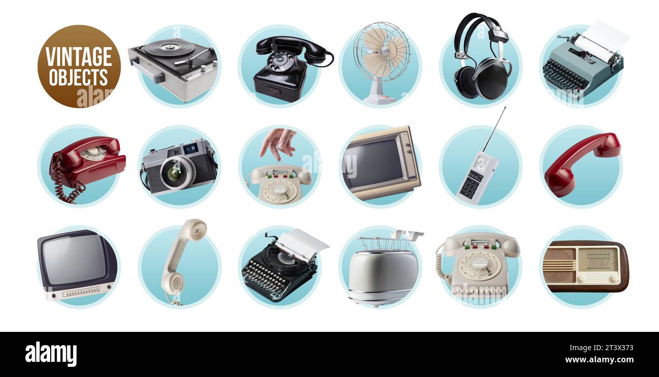 Set of vintage objects, appliances and electronics, isolated icons Stock Photo