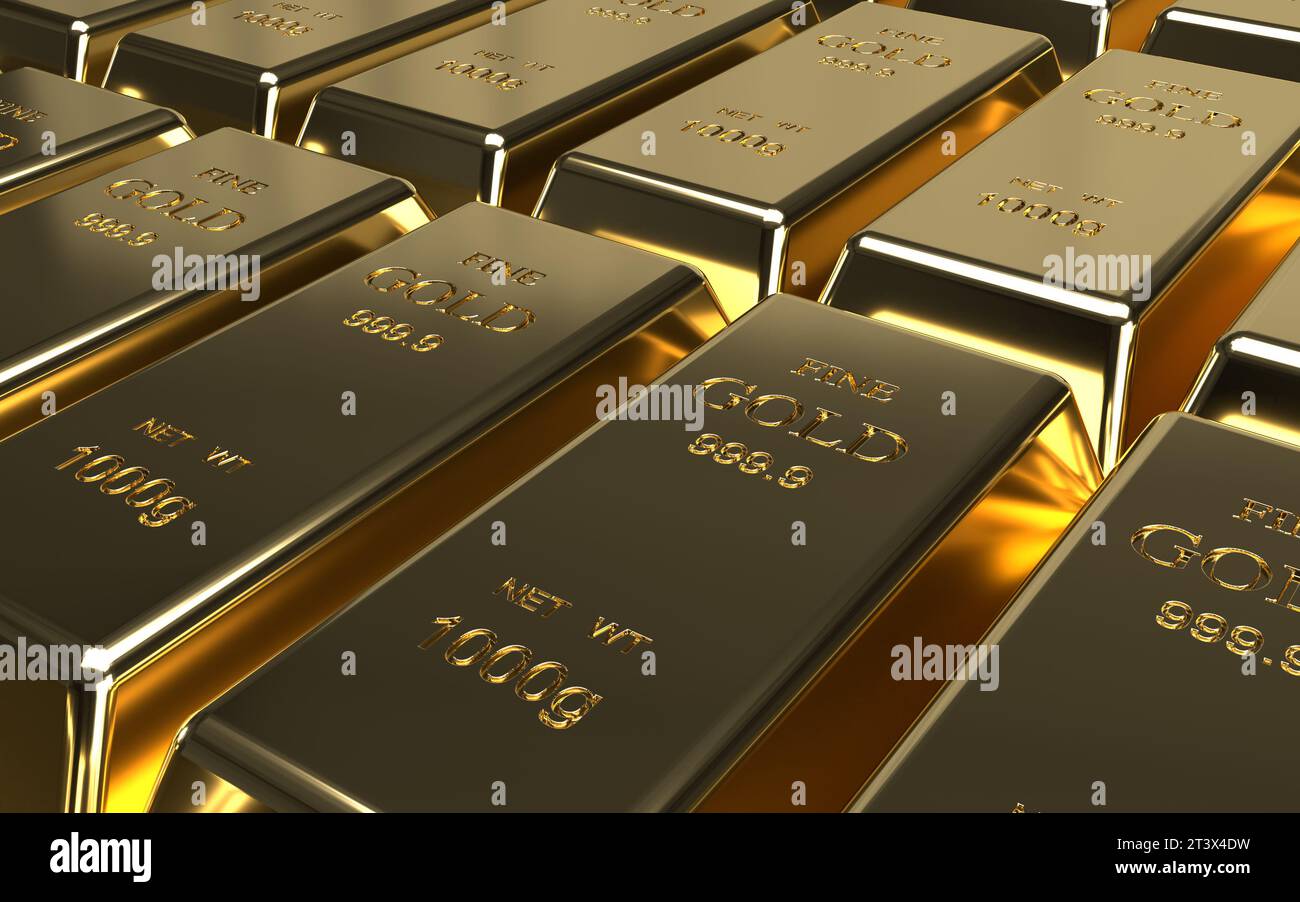 Gold bars of 1000 grams gold bars in rows as a background. Stock Photo